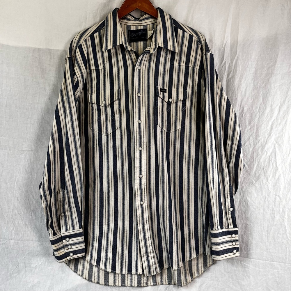 Vintage Wrangler Brushpopper Shirt X Long Tail Pearl Snap Western Stripe 17.5 35
